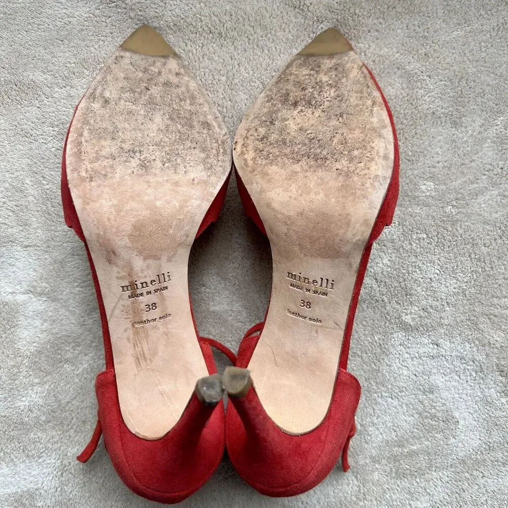 Minelli Spain Red Suede Scalloped Edge Pump Heel Ankle Strap Women EU 38 US‎ 7.5